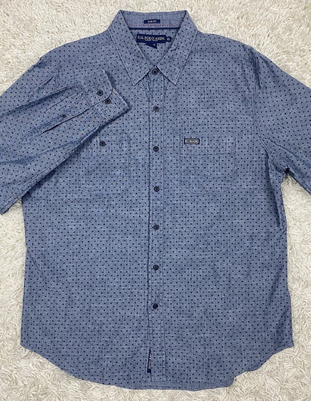 US Polo Assn Shirt Mens XL Slim Blue Geometric Button Up Long Sleeve Pocket